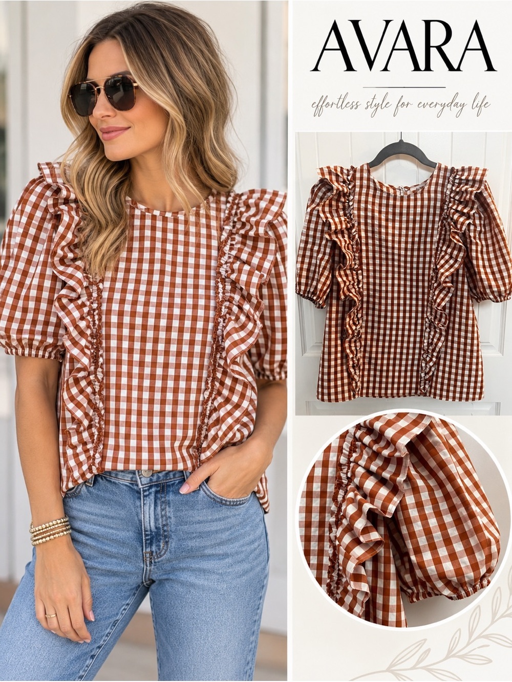 Avara Orange Gingham Ruffle Puff Sleeve Top